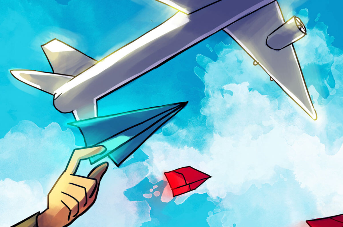 Illustration of paper airplanes and an actual airplane, representing prototyping